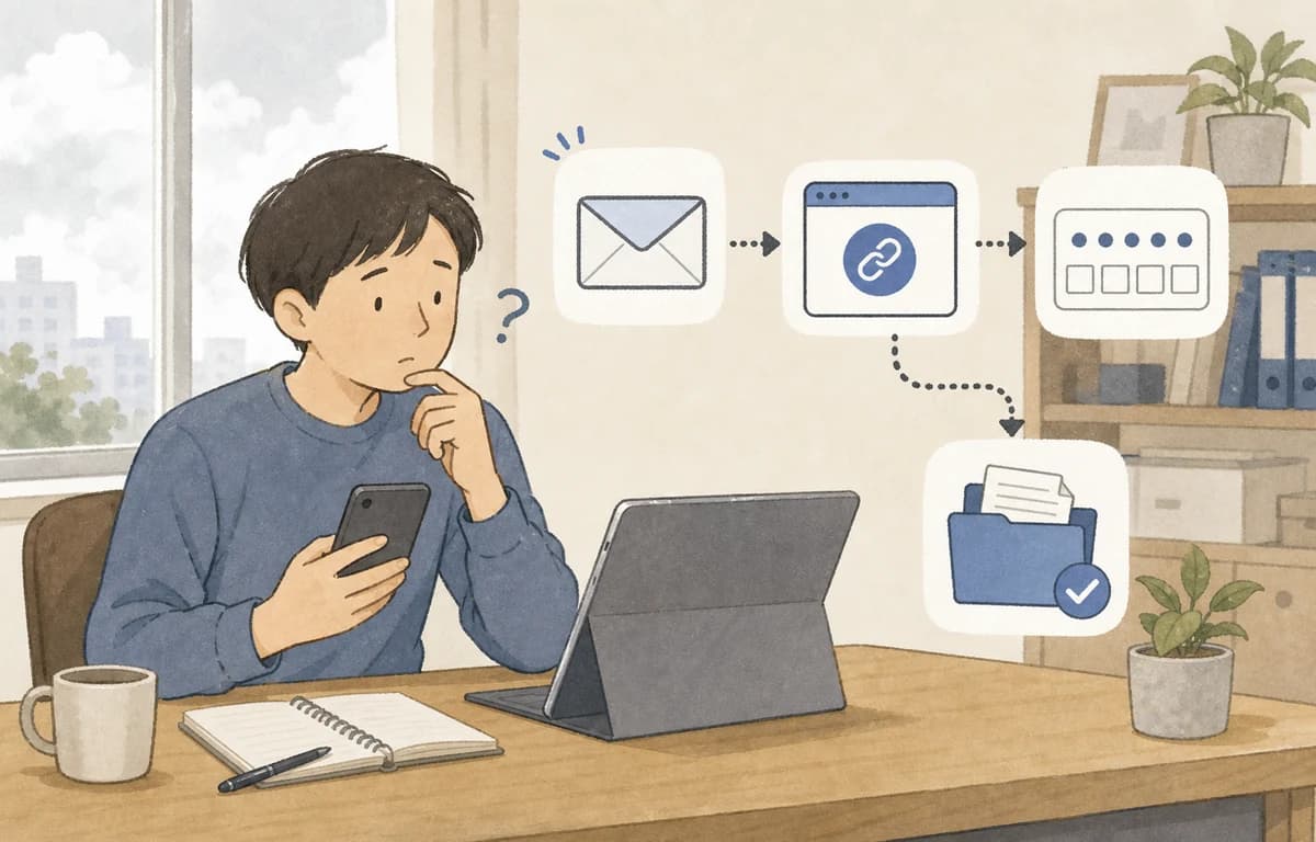 顧問先がメールのリンクと確認コードで資料を受け取る流れのイメージ