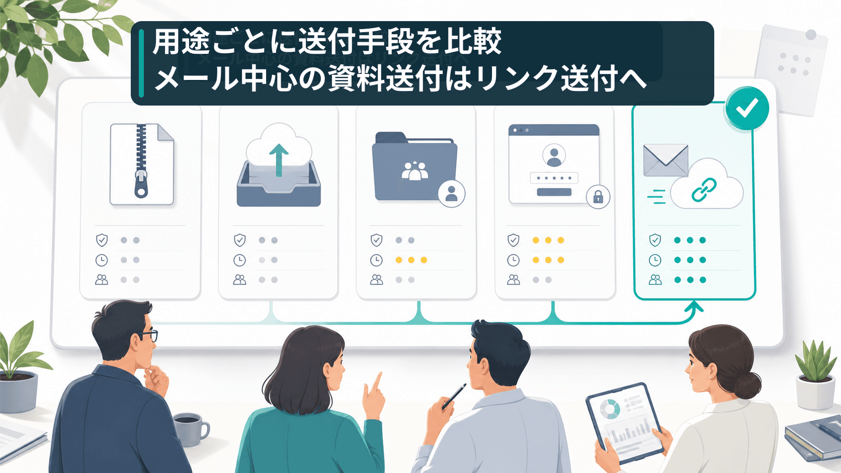 パスワード付きZIPやクラウドストレージなど脱PPAPの代替手段を比較する図解